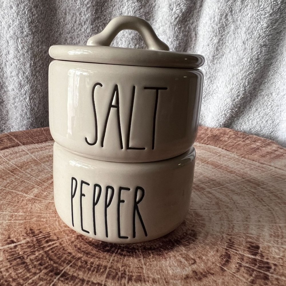 Rae Dunn SALT & PEPPER White Ceramic 2 Piece Stacking Cellar Set